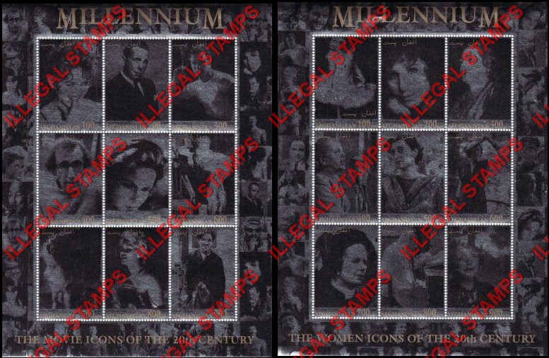 Afghanistan 2000 Millenium Movie Icons of the 20th Century Illegal Stamp Sheetlets of Nine