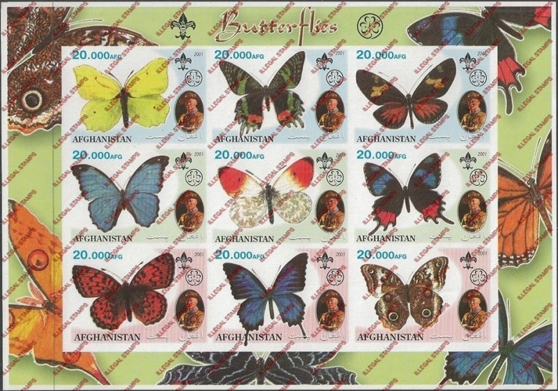 Afghanistan 2001 Butterflies Scouts Baden Powell Illegal Stamp Sheetlet of Nine
