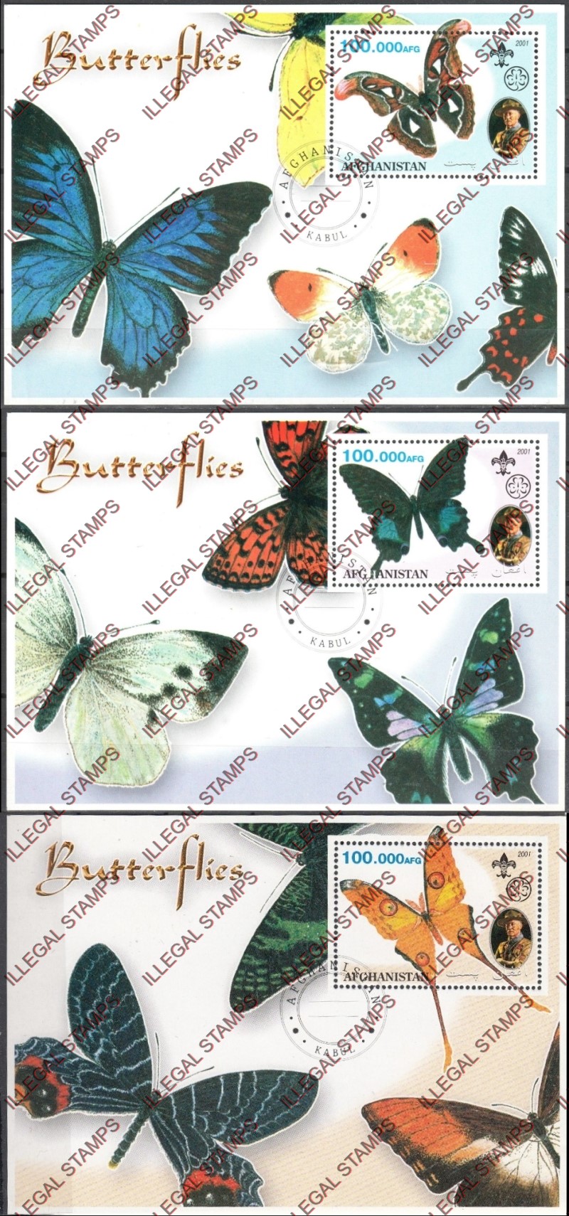 Afghanistan 2001 Butterflies Scouts Baden Powell Illegal Stamp Souvenir Sheets of One