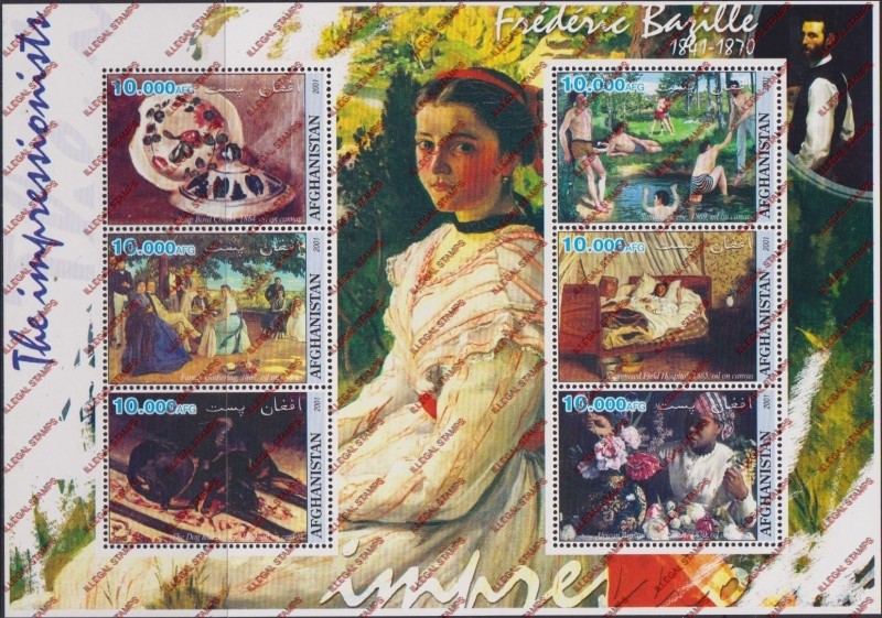 Afghanistan 2001 Impressionists Frederic Bazzila Illegal Stamp Sheetlet of Six