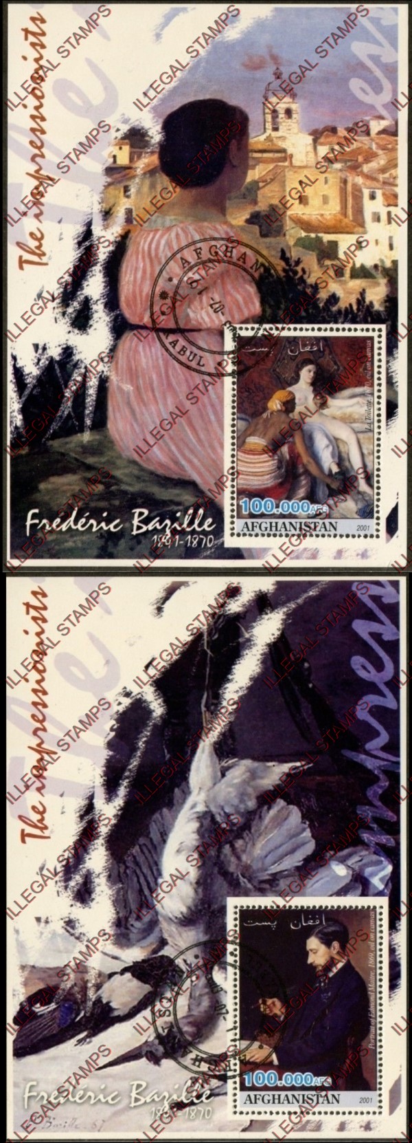 Afghanistan 2001 Impressionists Frederic Bazzila Illegal Stamp Souvenir Sheets of One