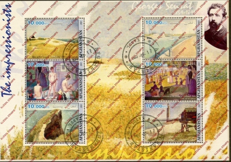 Afghanistan 2001 Impressionists Georges Seurat Illegal Stamp Sheetlet of Six