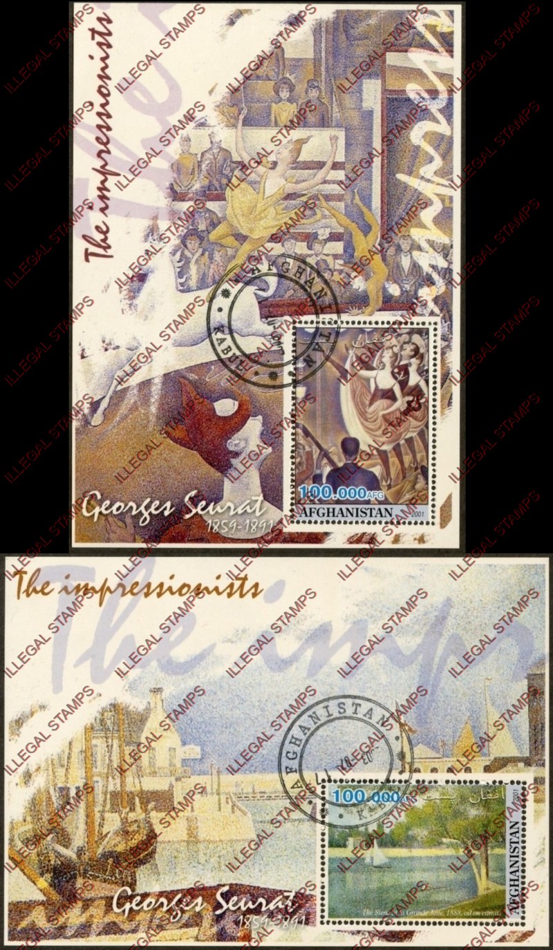 Afghanistan 2001 Impressionists Georges Seurat Illegal Stamp Souvenir Sheets of One