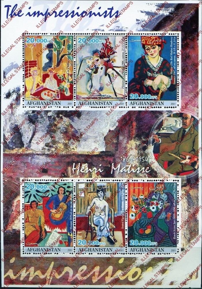 Afghanistan 2001 Impressionists Henri Matisse Illegal Stamp Sheetlet of Six