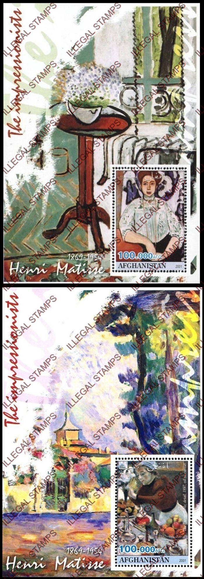 Afghanistan 2001 Impressionists Henri Matisse Illegal Stamp Souvenir Sheets of One