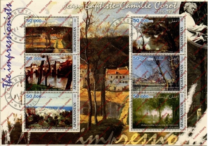 Afghanistan 2001 Impressionists Jean-Baptiste-Camille Corot Illegal Stamp Sheetlet of Six