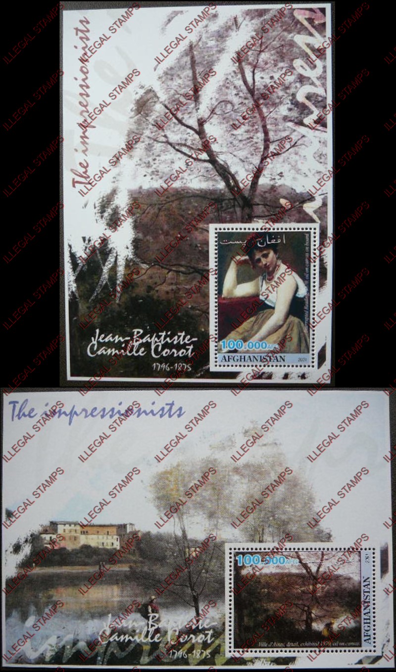 Afghanistan 2001 Impressionists Jean-Baptiste-Camille Corot Illegal Stamp Souvenir Sheets of One