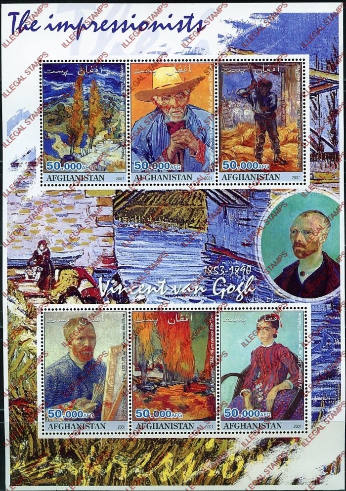 Afghanistan 2001 Impressionists Vincent van Gogh Illegal Stamp Sheetlet of Six