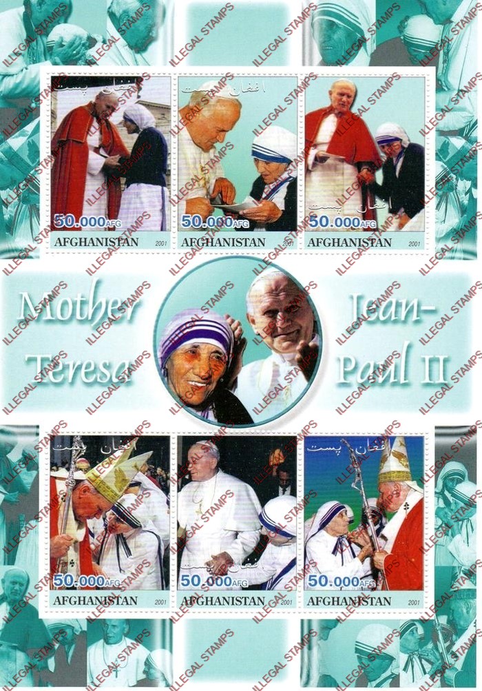 Afghanistan 2001 Mother Teresa and Pope Jean Paul Illegal Stamp Sheetlet of Six