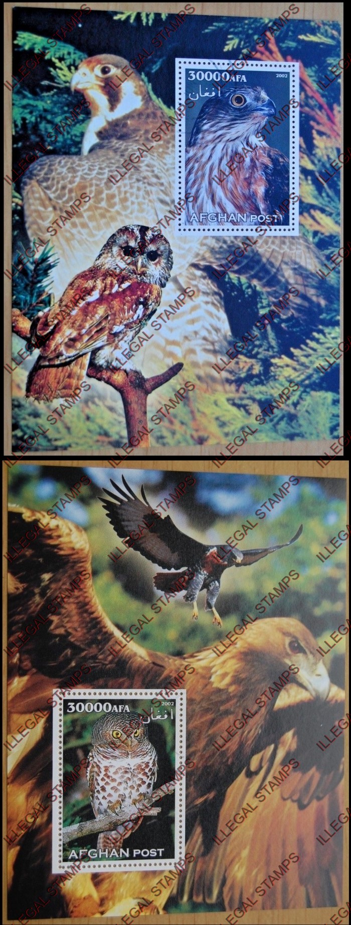 Afghanistan 2002 Eagles and Owls Illegal Stamp Souvenir Sheets of One
