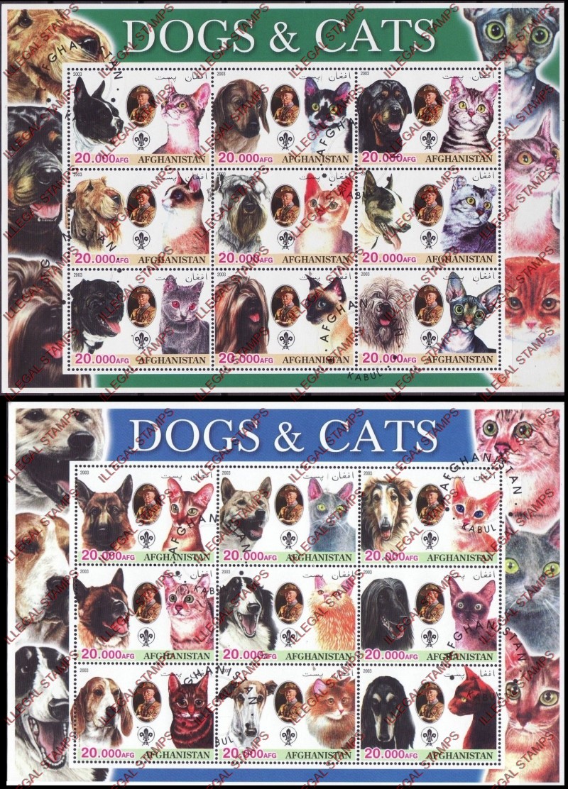 Afghanistan 2003 Dogs and Cats Illegal Stamp Sheetlets of Nine