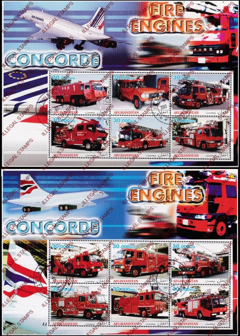 Afghanistan 2003 Fire Engines Concorde Illegal Stamp Sheetlets of Nine