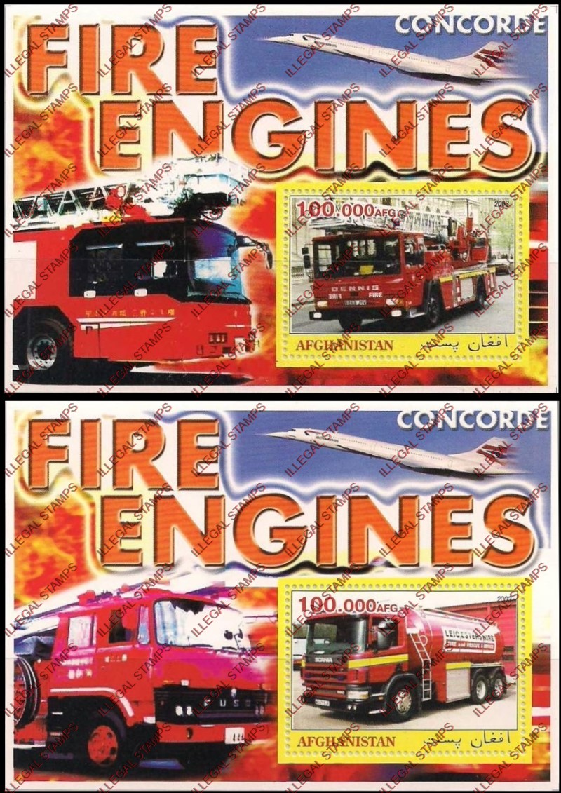 Afghanistan 2003 Fire Engines Concorde Illegal Stamp Souvenir Sheets