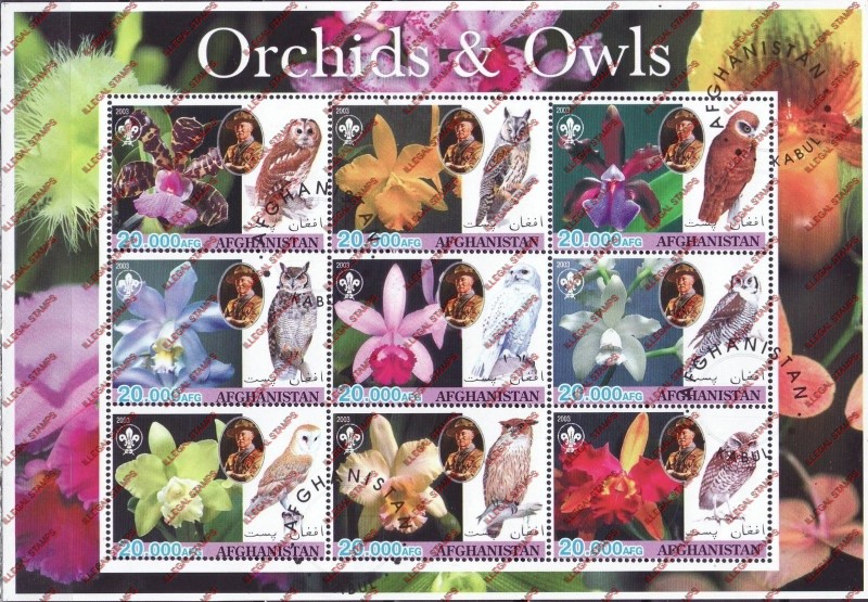 Afghanistan 2003 Orchids Owls Scouts Baden Powell Illegal Stamp Sheetlet of Nine