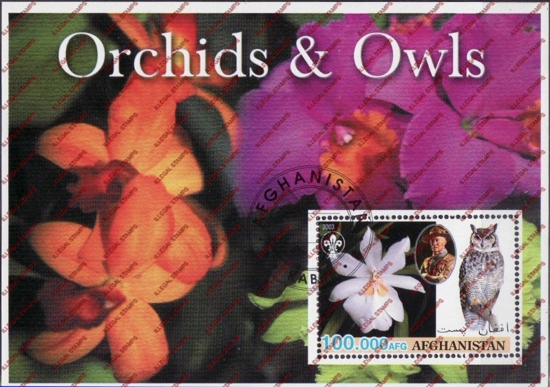 Afghanistan 2003 Orchids Owls Scouts Baden Powell Illegal Stamp Souvenir Sheet