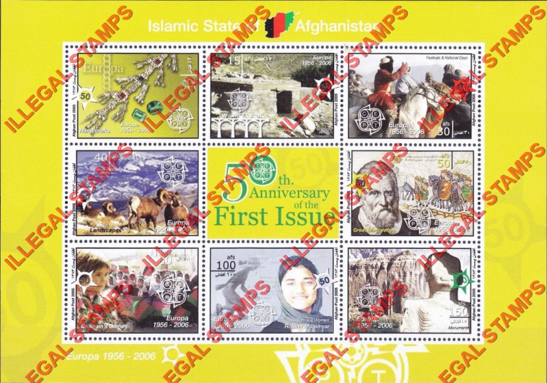 Afghanistan 2005 50th Anniversary of the First Stamp (EUROPA) Illegal Stamp Sheetlet of Eight Plus Label