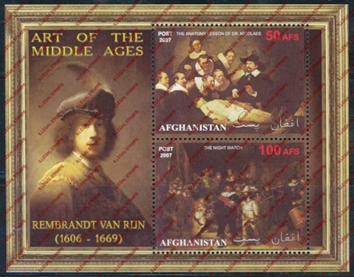 Afghanistan 2007 Art of the Middle Ages Rembrandt Van Rijn Illegal Stamp Souvenir Sheet of Two