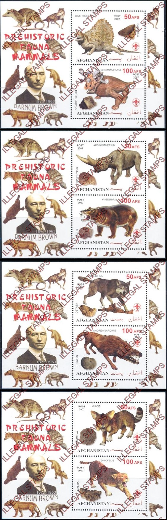Afghanistan 2007 Fauna Prehistoric Animals Barnum Brown Illegal Stamp Souvenir Sheets of Two