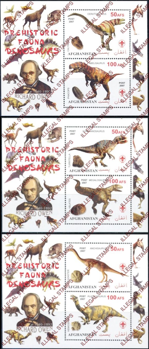 Afghanistan 2007 Fauna Prehistoric Animals Richard Owen Illegal Stamp Souvenir Sheets of Two