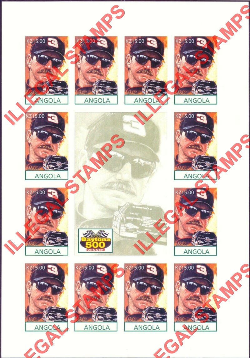 Angola 1998 Dale Earnhardt Daytona 500 Illegal Stamp Sheet of 12