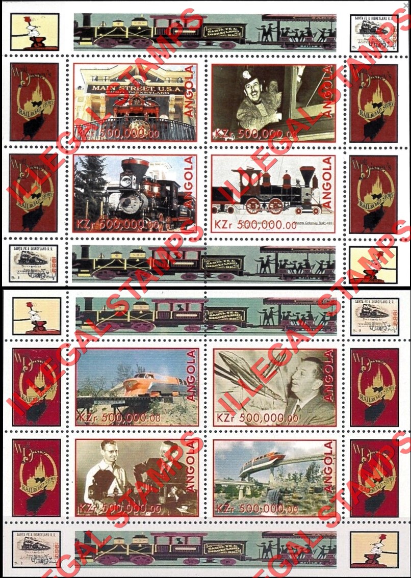 Angola 1998 Disney Locomotives Trains Souvenir Sheets of 4 (Part 1)