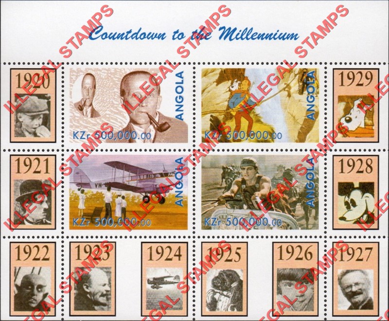 Angola 1999 Countdown to the Millenium 1920-1929 Illegal Stamp Souvenir Sheet of 4