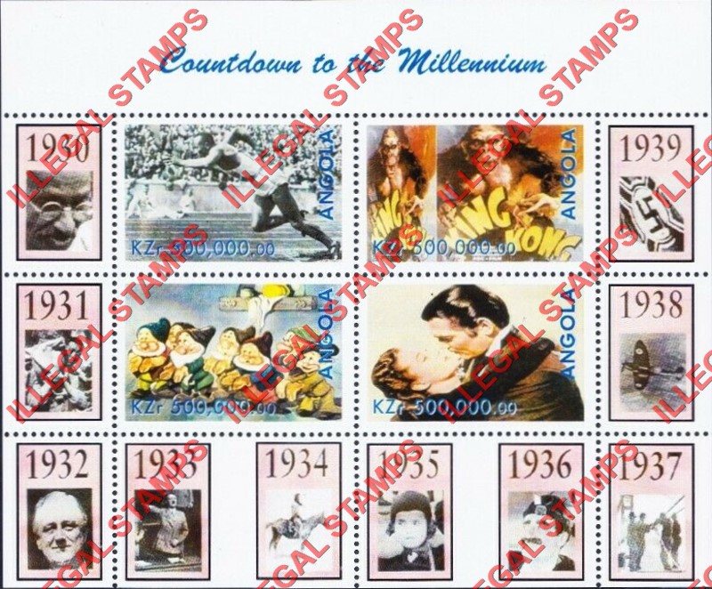 Angola 1999 Countdown to the Millenium 1930-1939 Illegal Stamp Souvenir Sheet of 4