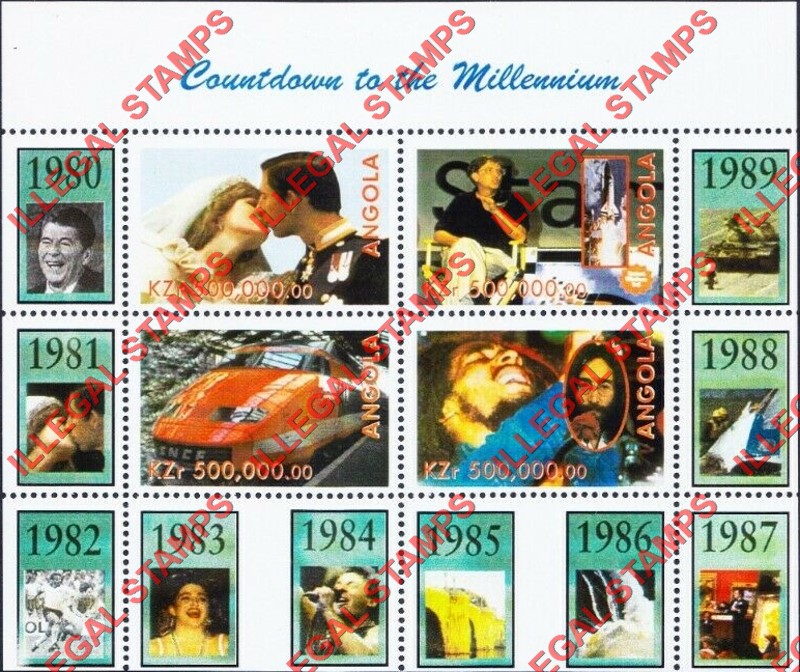 Angola 1999 Countdown to the Millenium 1980-1989 Illegal Stamp Souvenir Sheet of 4