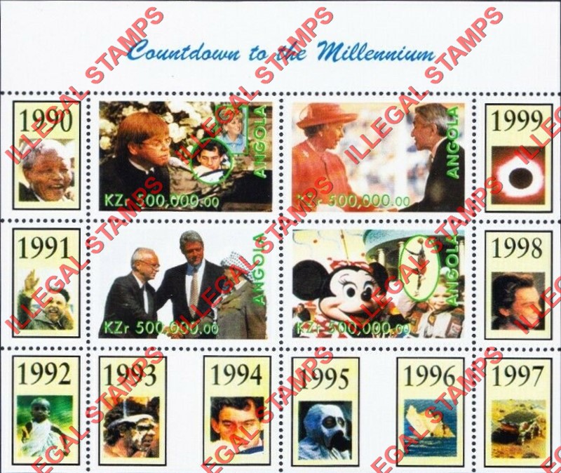 Angola 1999 Countdown to the Millenium 1990-1999 Illegal Stamp Souvenir Sheet of 4