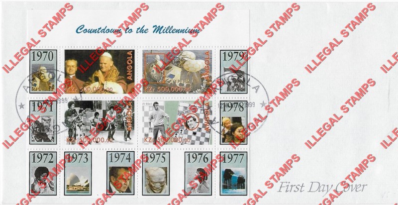 Angola 1999 Countdown to the Millenium Illegal Stamp Souvenir Sheet of 4 on Fake First Day Cover