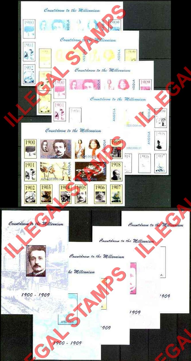 Angola 1999 Countdown to the Millenium Illegal Stamp Souvenir Sheets of 4 and 1 Color Proof Sets