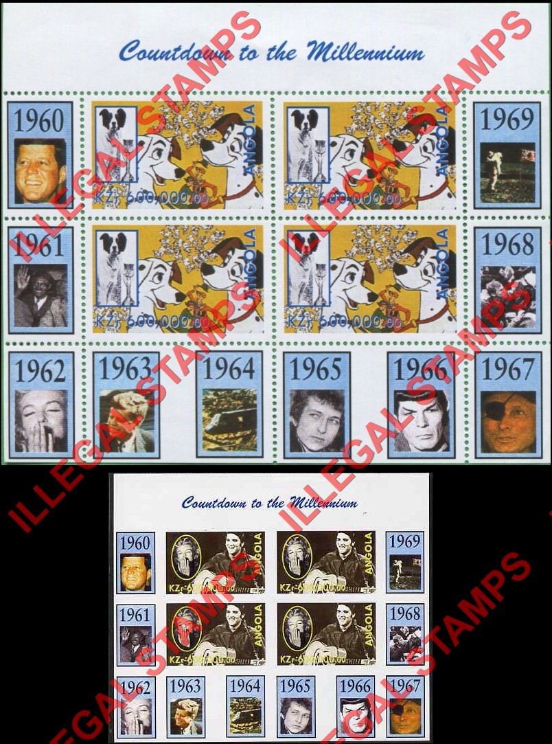 Angola 1999 Countdown to the Millenium Illegal Stamp Souvenir Sheets of 4 with same image on all four counterfeit stamps