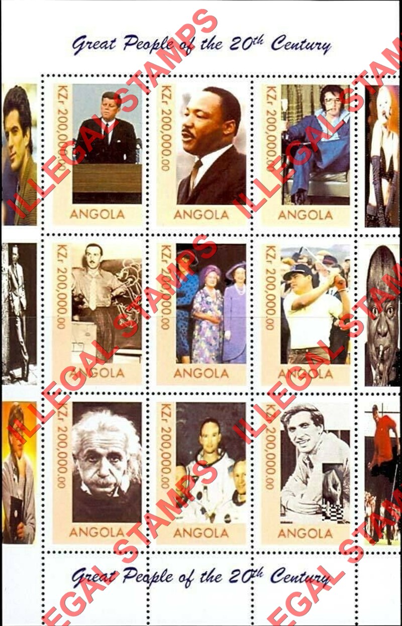 Angola 1999 Great People of the 20th Century Illegal Stamp Souvenir Sheet of 9 (Sheet 1)