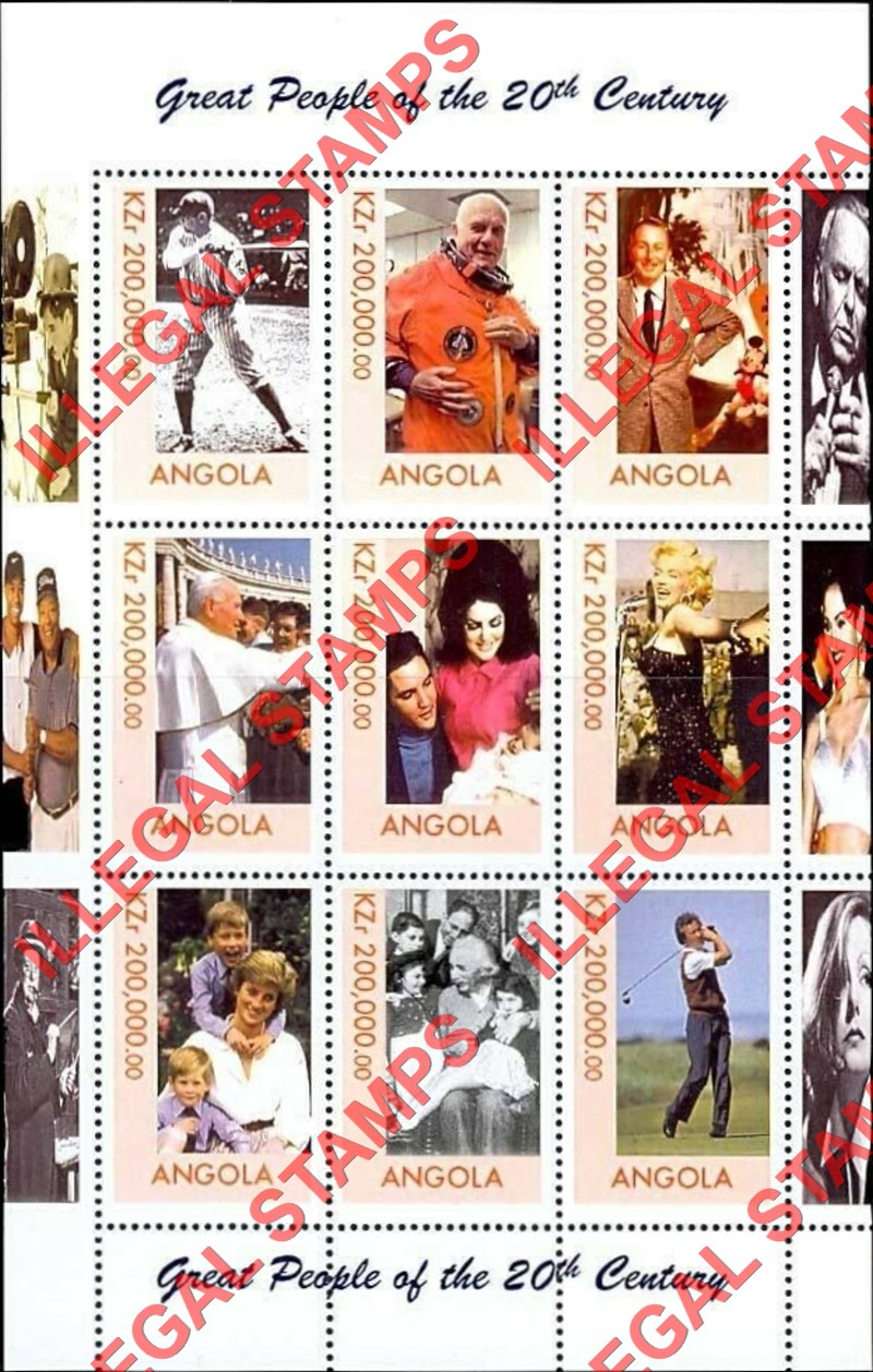 Angola 1999 Great People of the 20th Century Illegal Stamp Souvenir Sheet of 9 (Sheet 2)