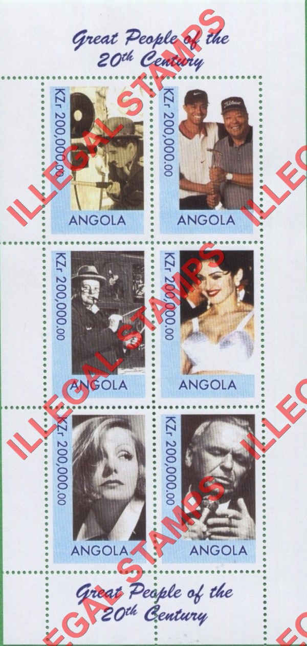 Angola 1999 Great People of the 20th Century Illegal Stamp Souvenir Sheet of 6