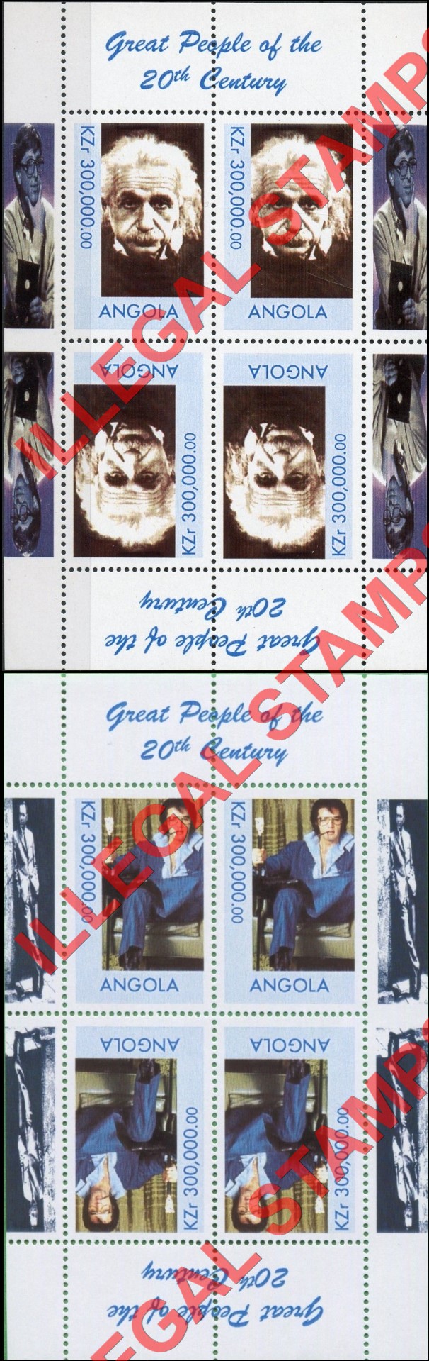 Angola 1999 Great People of the 20th Century Illegal Stamp Souvenir Sheets of 4