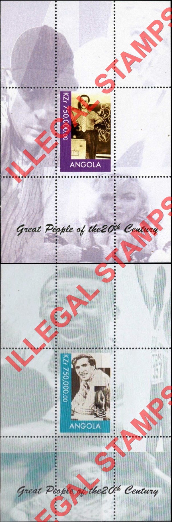 Angola 1999 Great People of the 20th Century Illegal Stamp Souvenir Sheets of 1