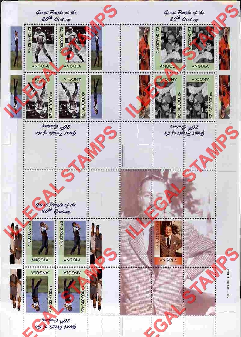 Angola 1999 Great People of the 20th Century Illegal Stamp Souvenir Sheets Uncut Sheet