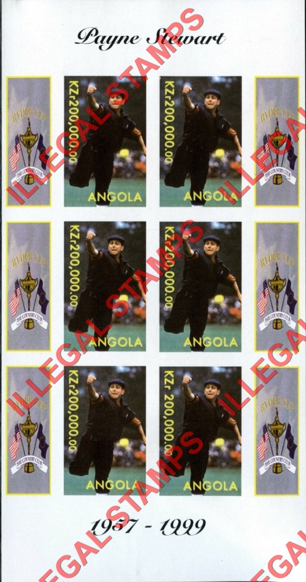 Angola 1999 Payne Stewart Golf Illegal Stamp Souvenir Sheet of 6