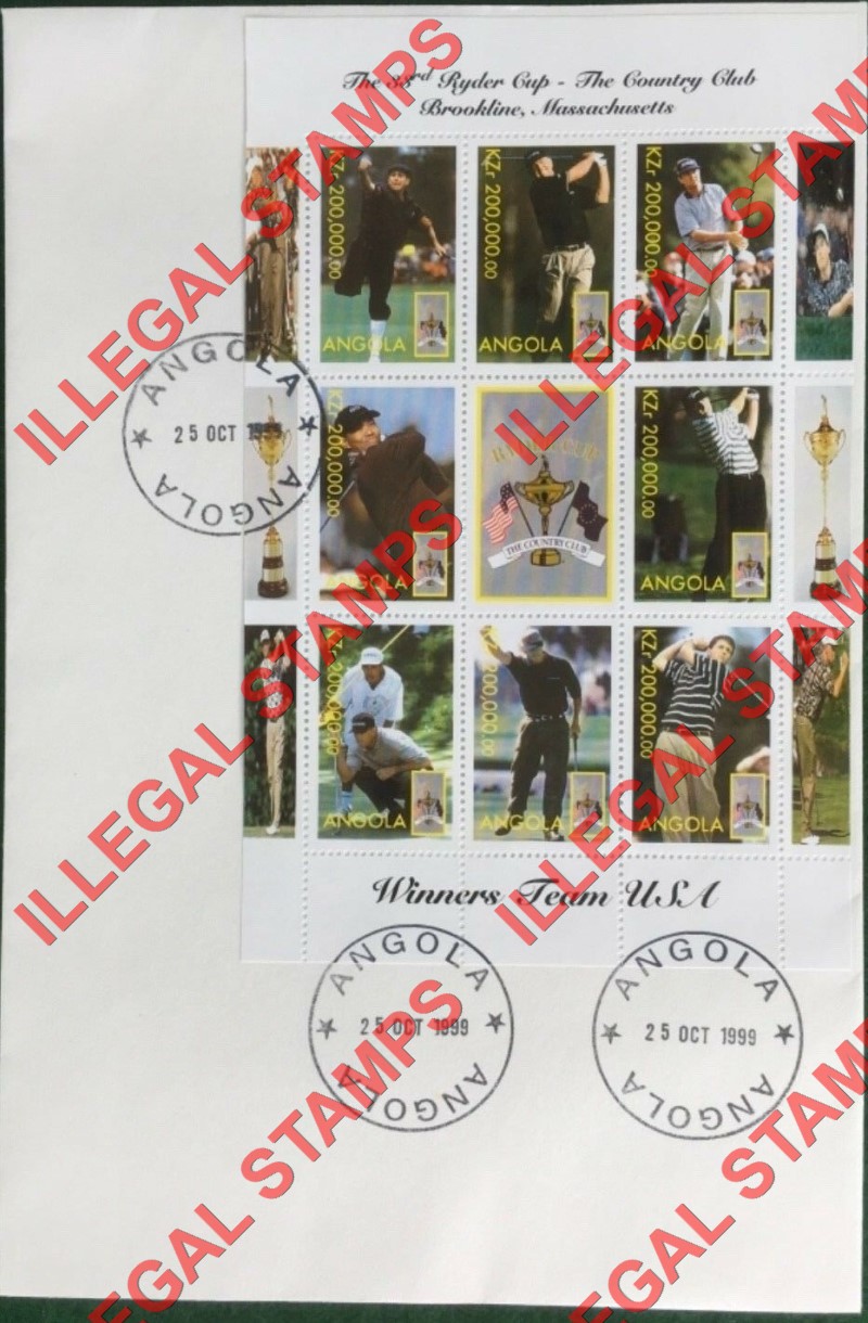 Angola 1999 Ryder Cup 33rd Golf Tournament Illegal Stamp Souvenir Sheet of 9 on Fake First Day Cover