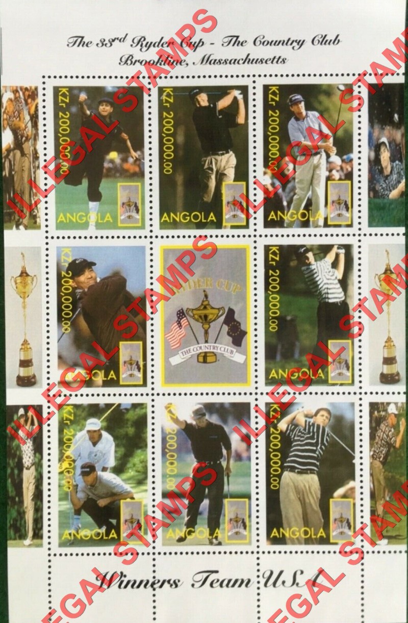 Angola 1999 Ryder Cup 33rd Golf Tournament Illegal Stamp Souvenir Sheet of 9