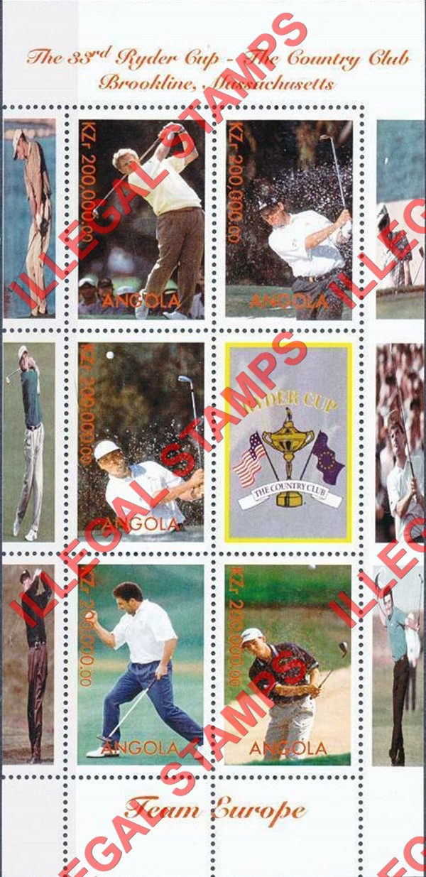 Angola 1999 Ryder Cup 33rd Golf Tournament Illegal Stamp Souvenir Sheet of 6