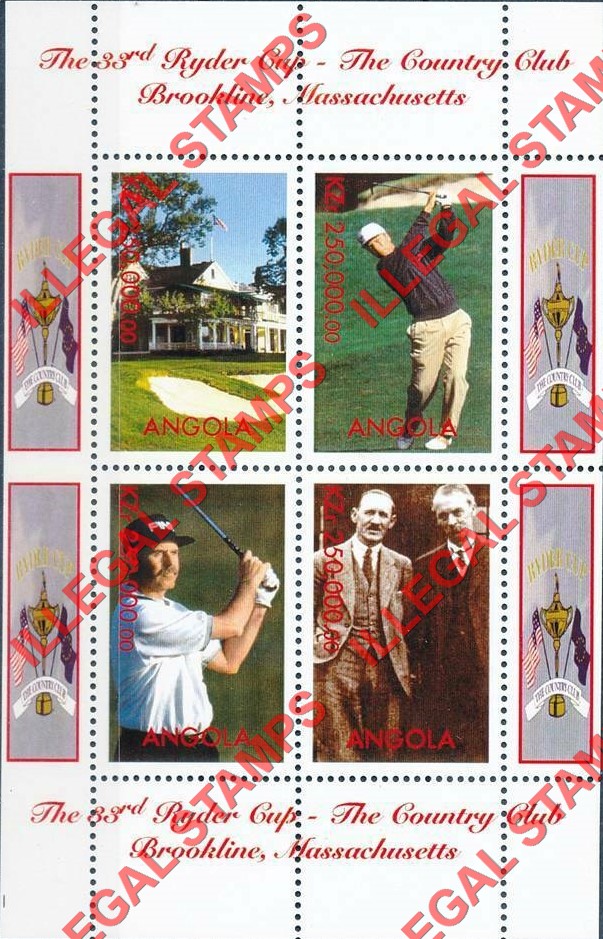 Angola 1999 Ryder Cup 33rd Golf Tournament Illegal Stamp Souvenir Sheet of 4