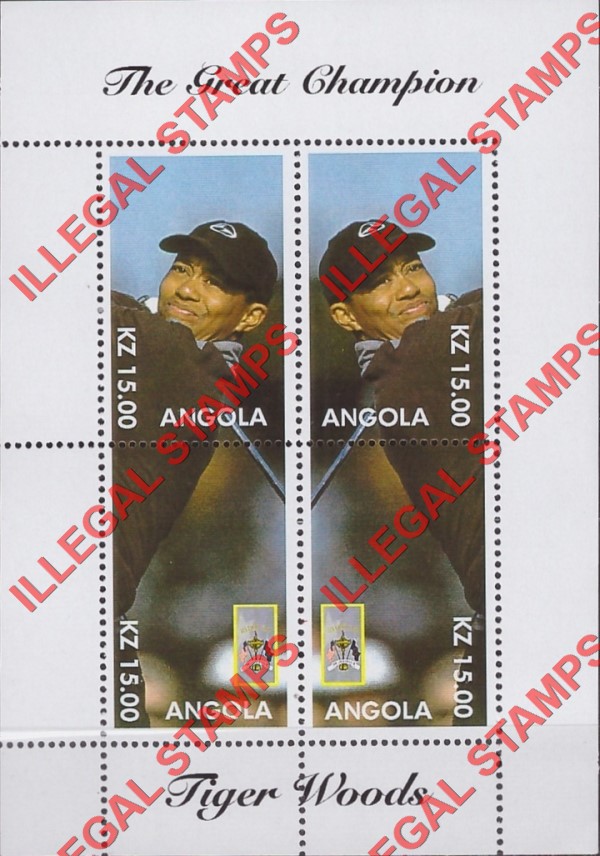 Angola 1999 Tiger Woods The Great Champion Illegal Stamp Souvenir Sheet of 4