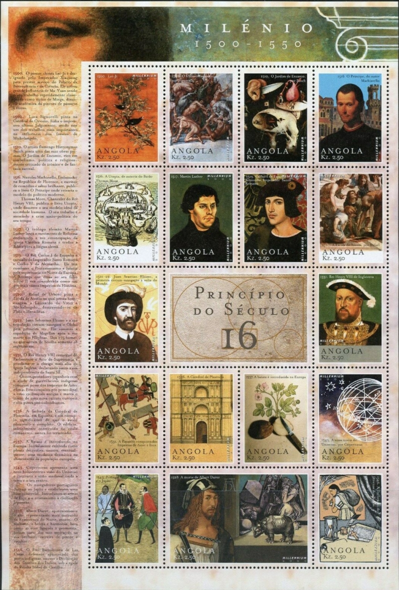 Angola 2000 Millenium Genuine Souvenir Sheet of 17 Plus 1 Label Sc 1150