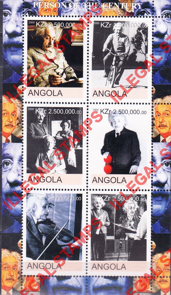 Angola 2000 Albert Einstein Person of the Century Illegal Stamp Souvenir Sheet of 6