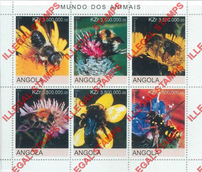 Angola 2000 Bees Illegal Stamp Souvenir Sheet of 6