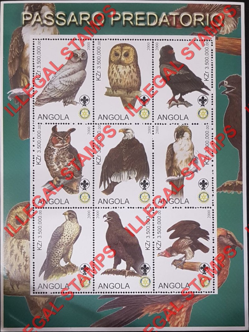 Angola 2000 Birds of Prey with Scouts Logo Illegal Stamp Souvenir Sheet of 9