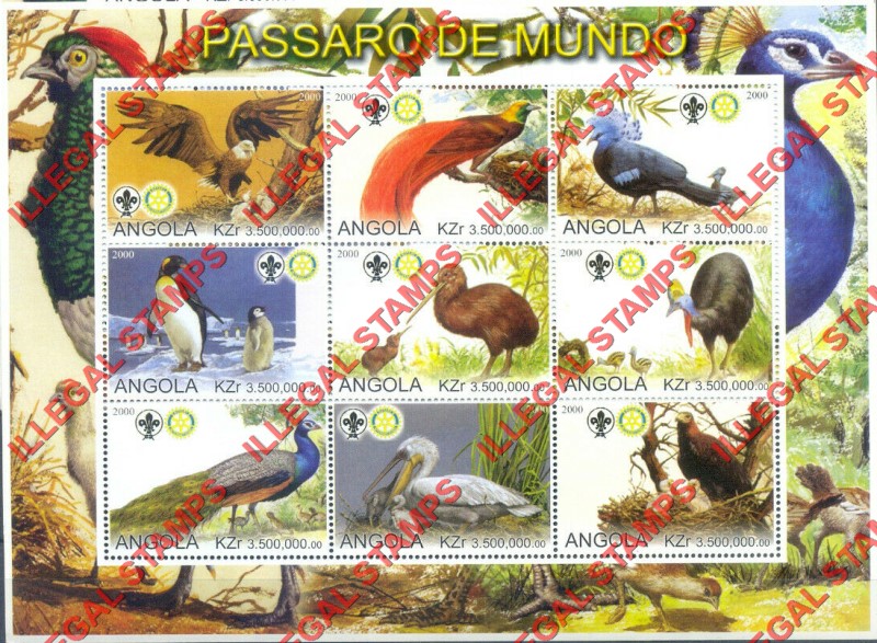 Angola 2000 Birds of the World with Scouts Logo Illegal Stamp Souvenir Sheet of 9