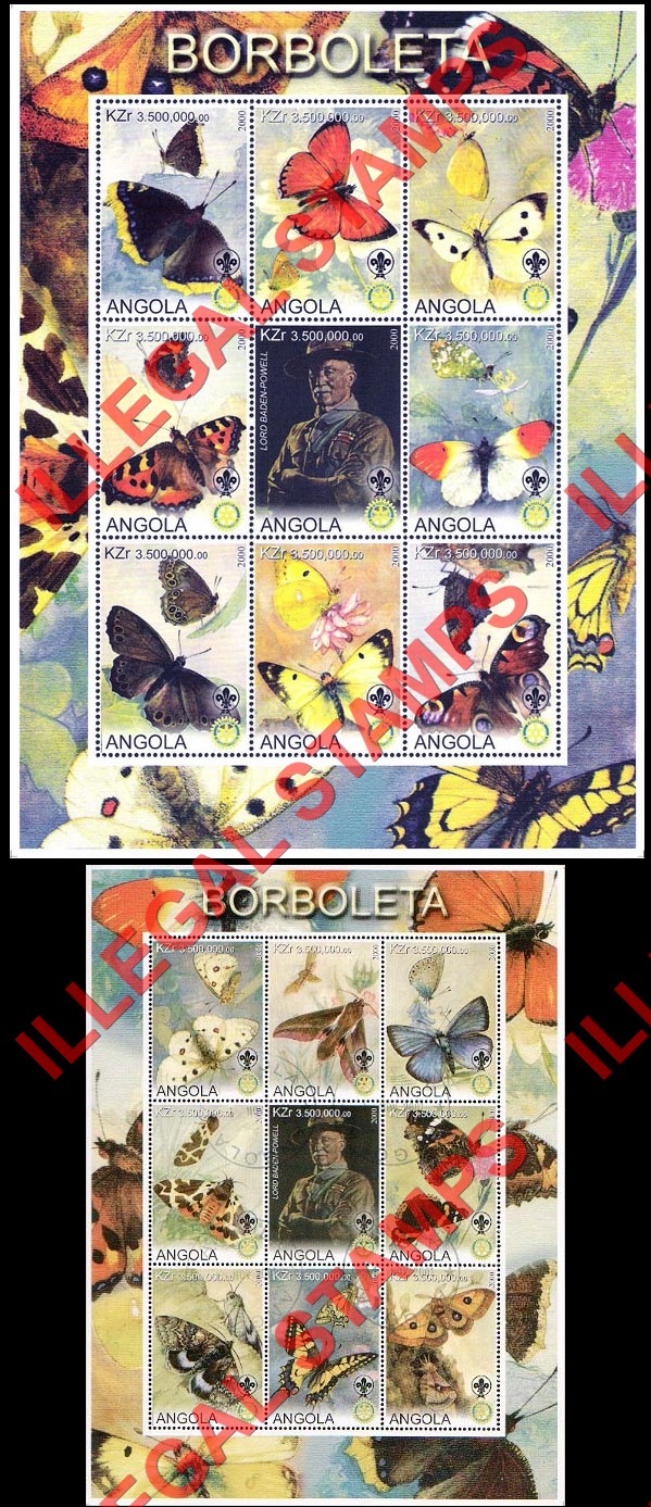 Angola 2000 Butterflies with Scouts Logo and Baden Powell Illegal Stamp Souvenir Sheets of 9